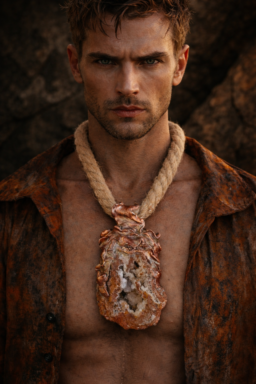 Rustic Crystal Geode Pendant - Hemp Rope Chest Piece Men