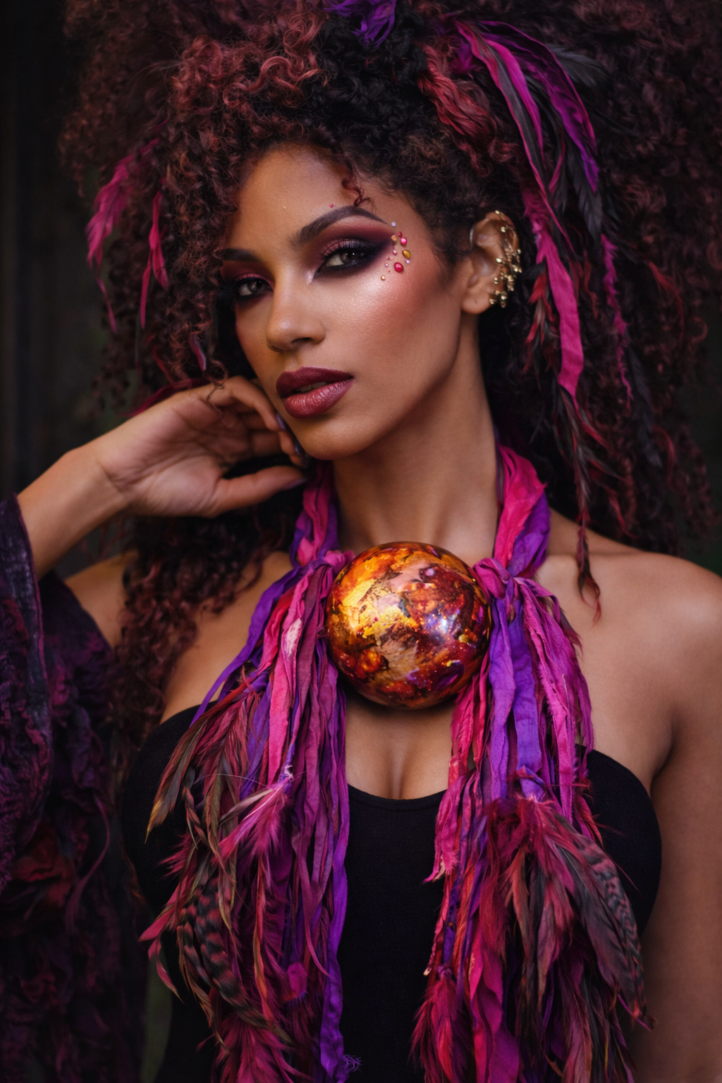 Fuchsia & Purple Sari Silk Ribbon & Feather Chest Piece - Casual Attire