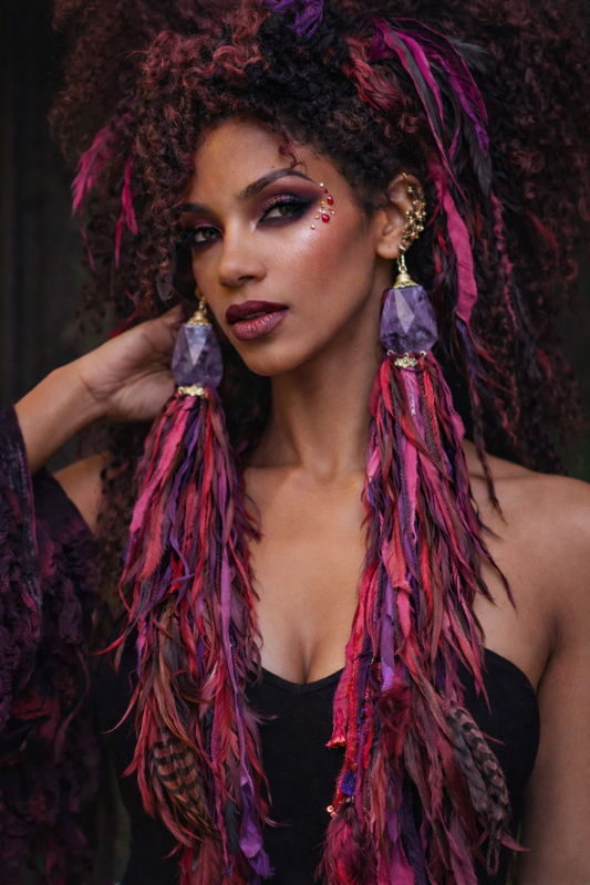 Fuchsia & Purple Sari Silk Ribbon With Agate Pierced Statement Earring