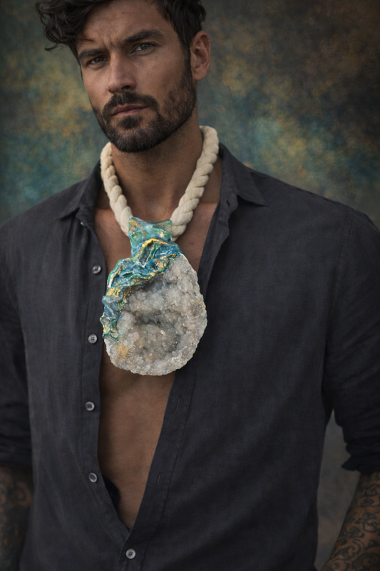 Huge Sculpted Geode Crystal Cave Pendant on a Thick Cotton Rope - Mens