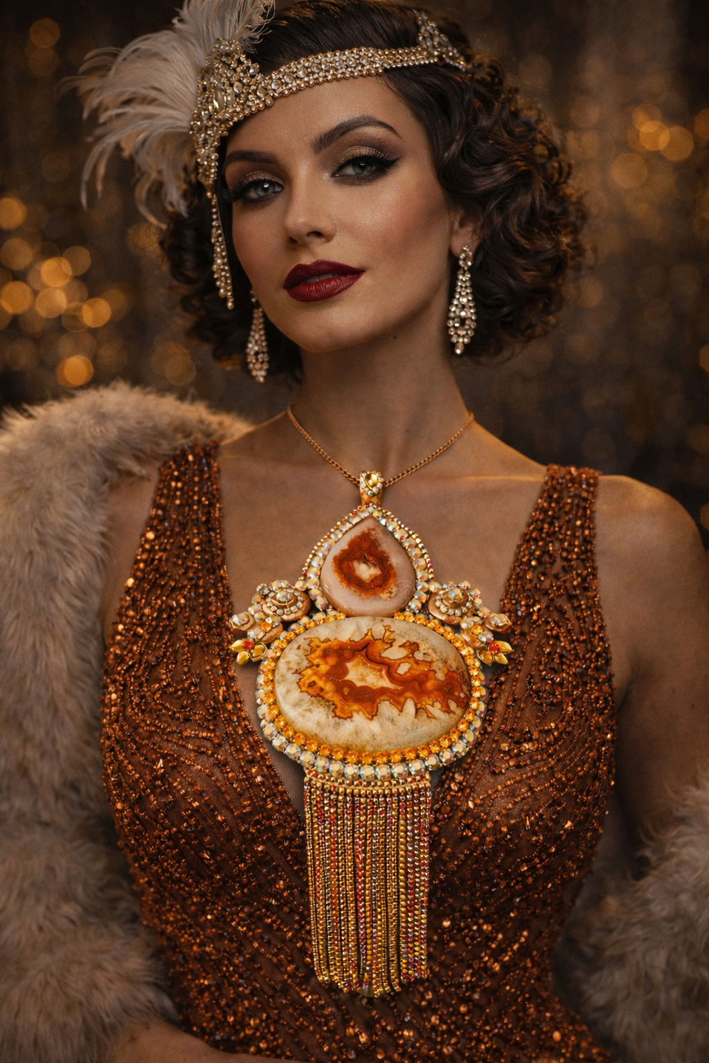Art Deco Druzy Agate & Rhinestone Sautoir - Flapper Style