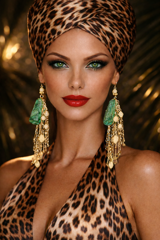 Green Beige & Gold Shoulder Duster Pierced Earrings - Bold Oversized