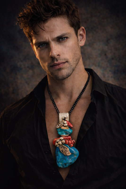 Faux Turquoise & Red Coral Sculpted Western Pendant - Bold