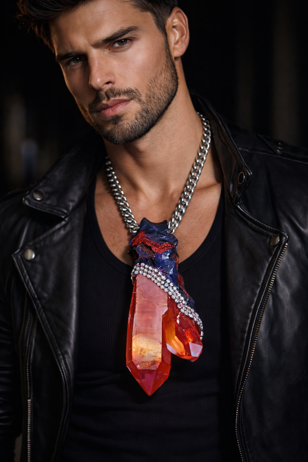 Ruby Red Aura Quartz & Rhinestone Gemstone Pendant - Bold Chain