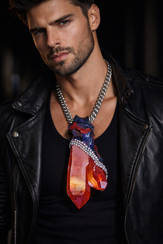 Ruby Red Aura Quartz & Rhinestone Gemstone Pendant - Bold Chain