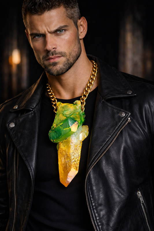 Yellow & Green Rough Aura Quartz Sculpted Statement - Warm Brass Chain