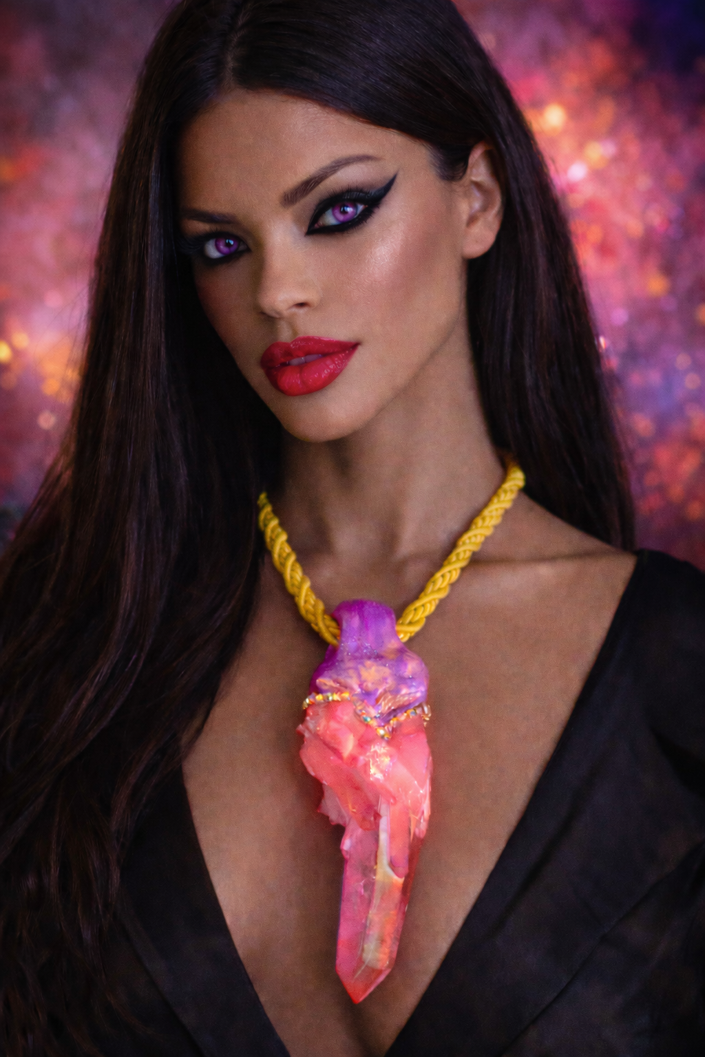 Hot Pink & Orange Rough Crystal Quartz Sculpted Pendant - Satin Cord