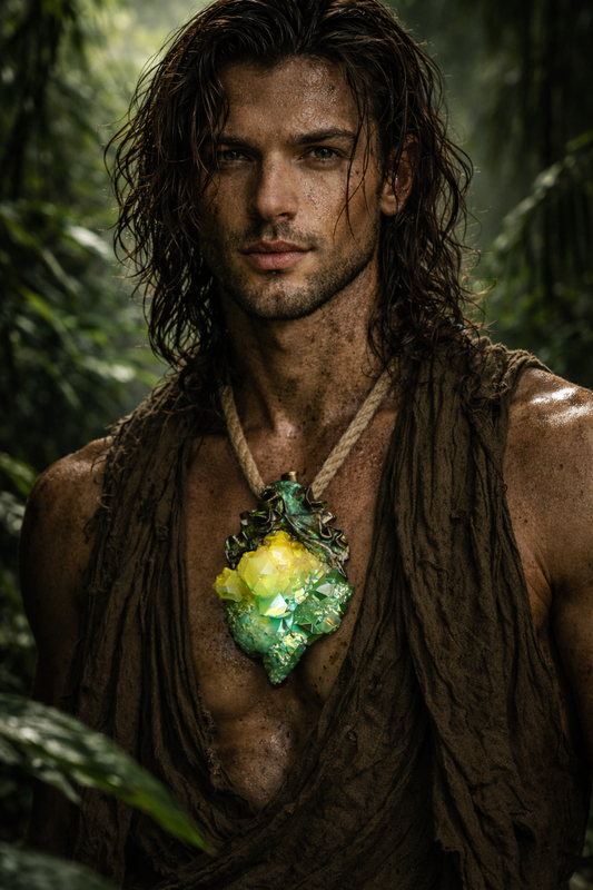 Green & Yellow Aura Flame Quartz Sculpted Amulet with Jute Rope - Luxe
