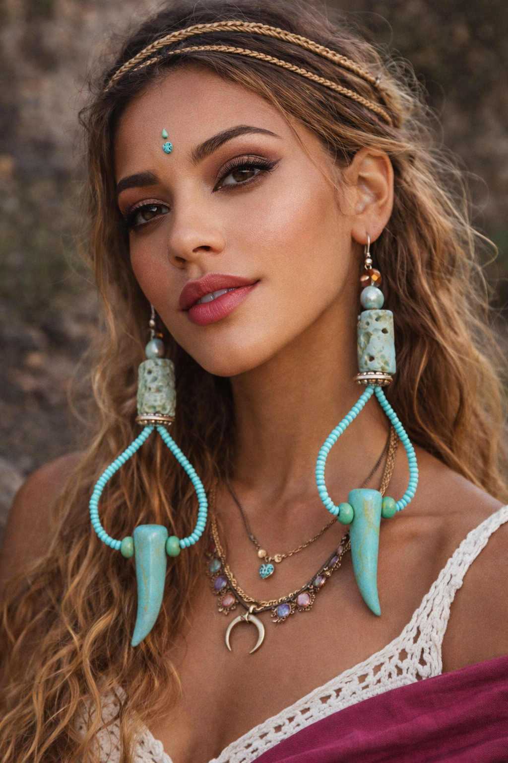 Light Blue Beaded Hoop Statement Earrings with Tusks   Exotic Casual A
