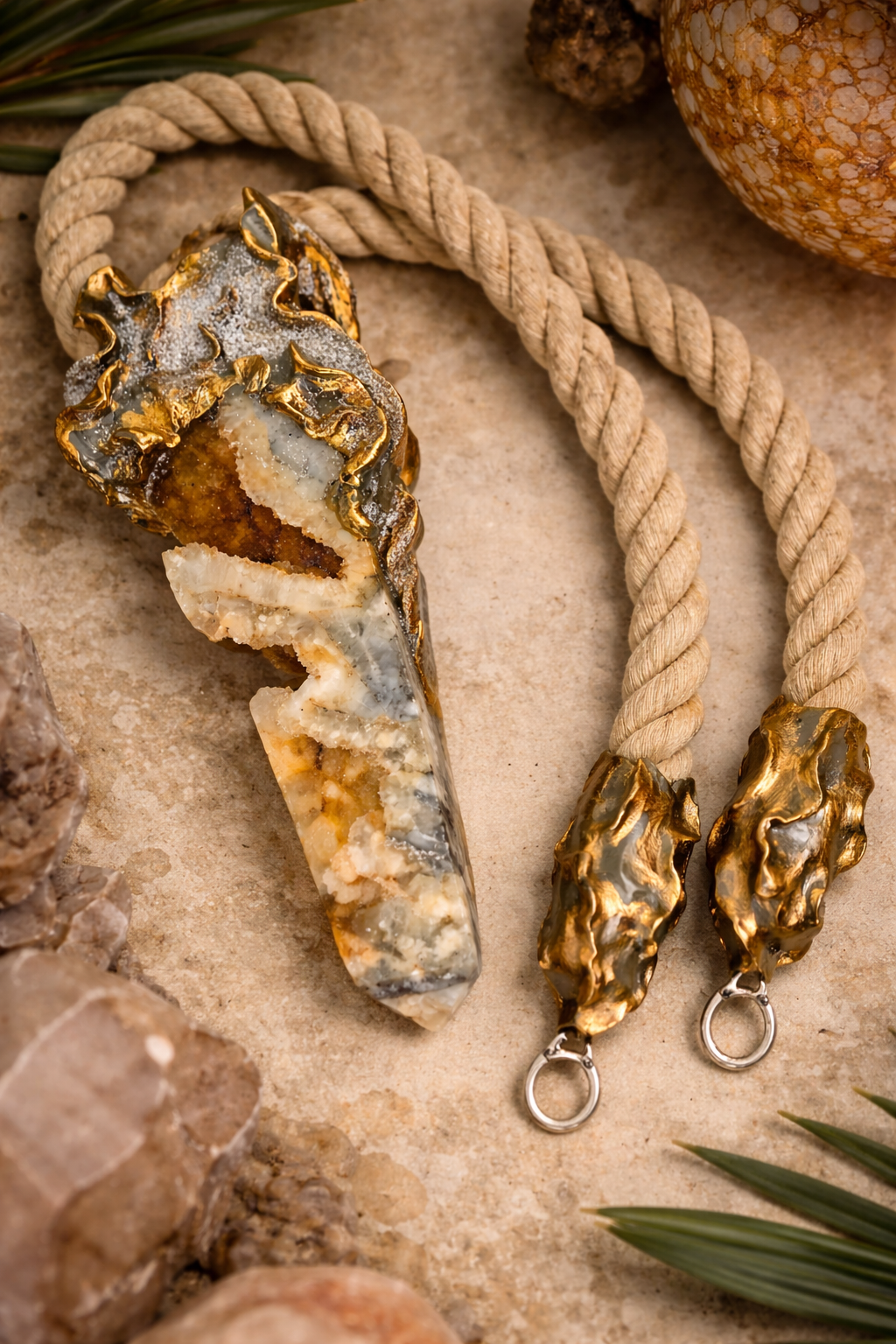 Earthy Druzy Agate Sculpted Tower Gemstone Pendant With Jute Rope