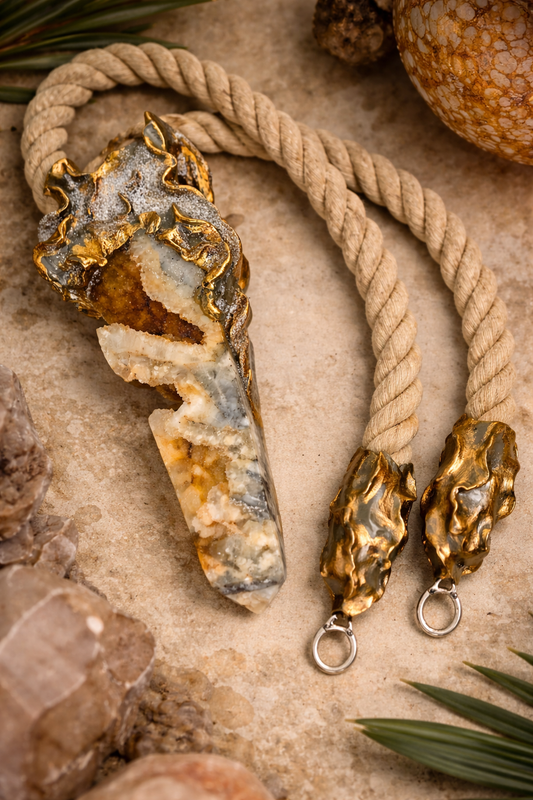 Earthy Druzy Agate Sculpted Tower Gemstone Pendant With Jute Rope