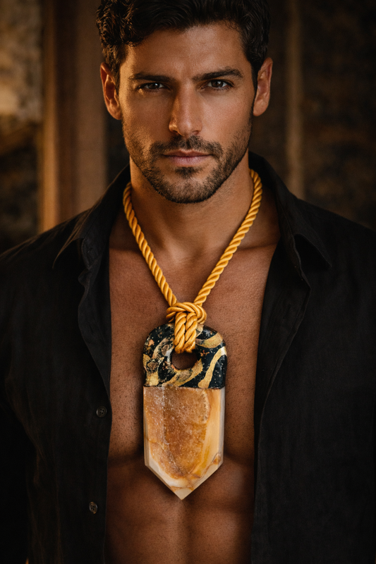 Crystallized Caramel Druzy Tower Sculpted Pendant With Satin Rope
