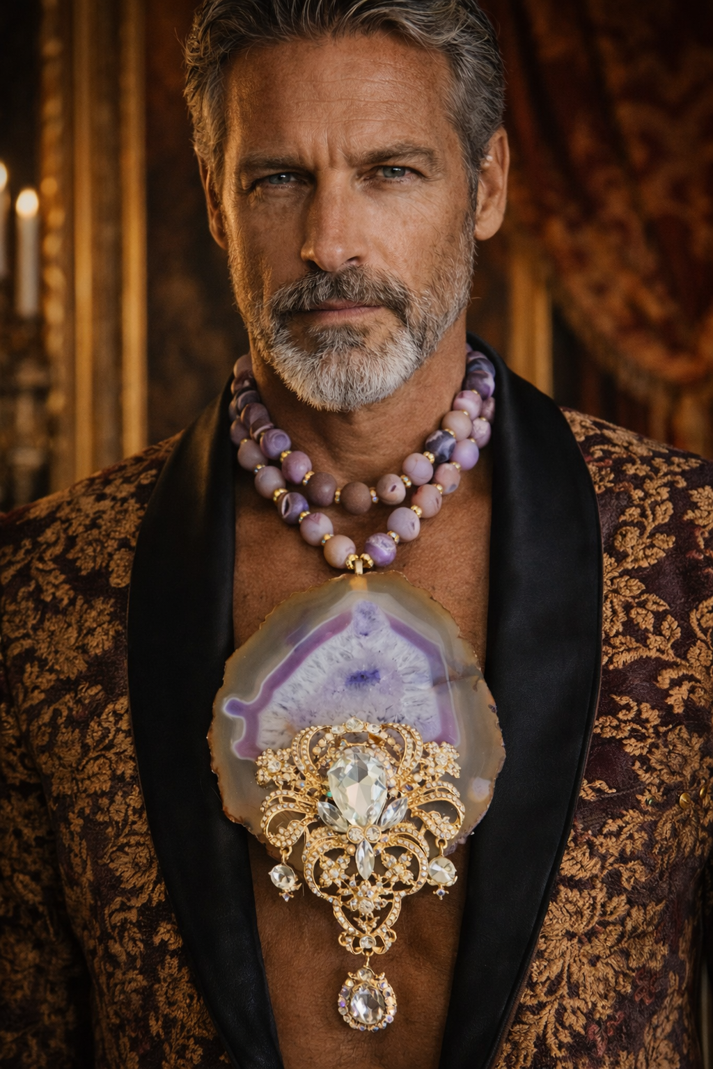 Huge Agate Pendant With Rhinestone Jewel - Frosted Purple Agate Choker