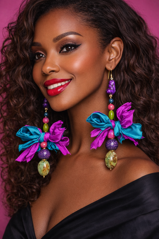 Jewel Tone Gemstone Beaded Pierced Statement Earrings with Sari Silk B