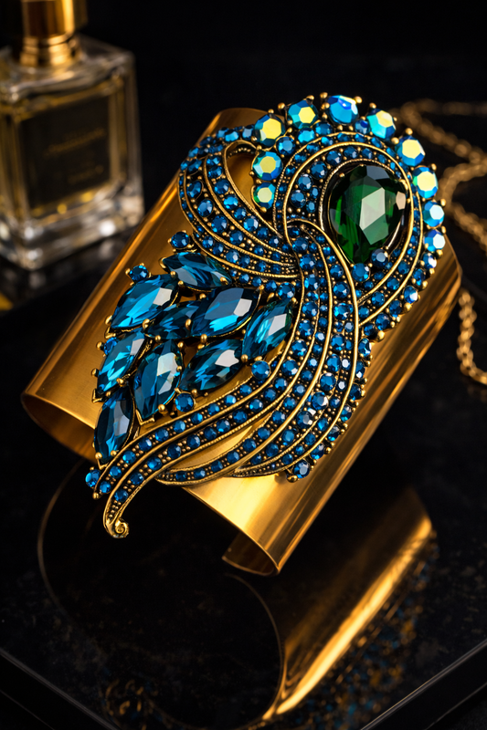 Blue Green Aurora Borealis Rhinestone Jewel on a Wide Gold Tone Cuff