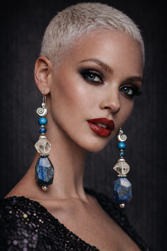 Lapis Lazuli & Double Terminated Quartz Pierced Statement Earrings   B