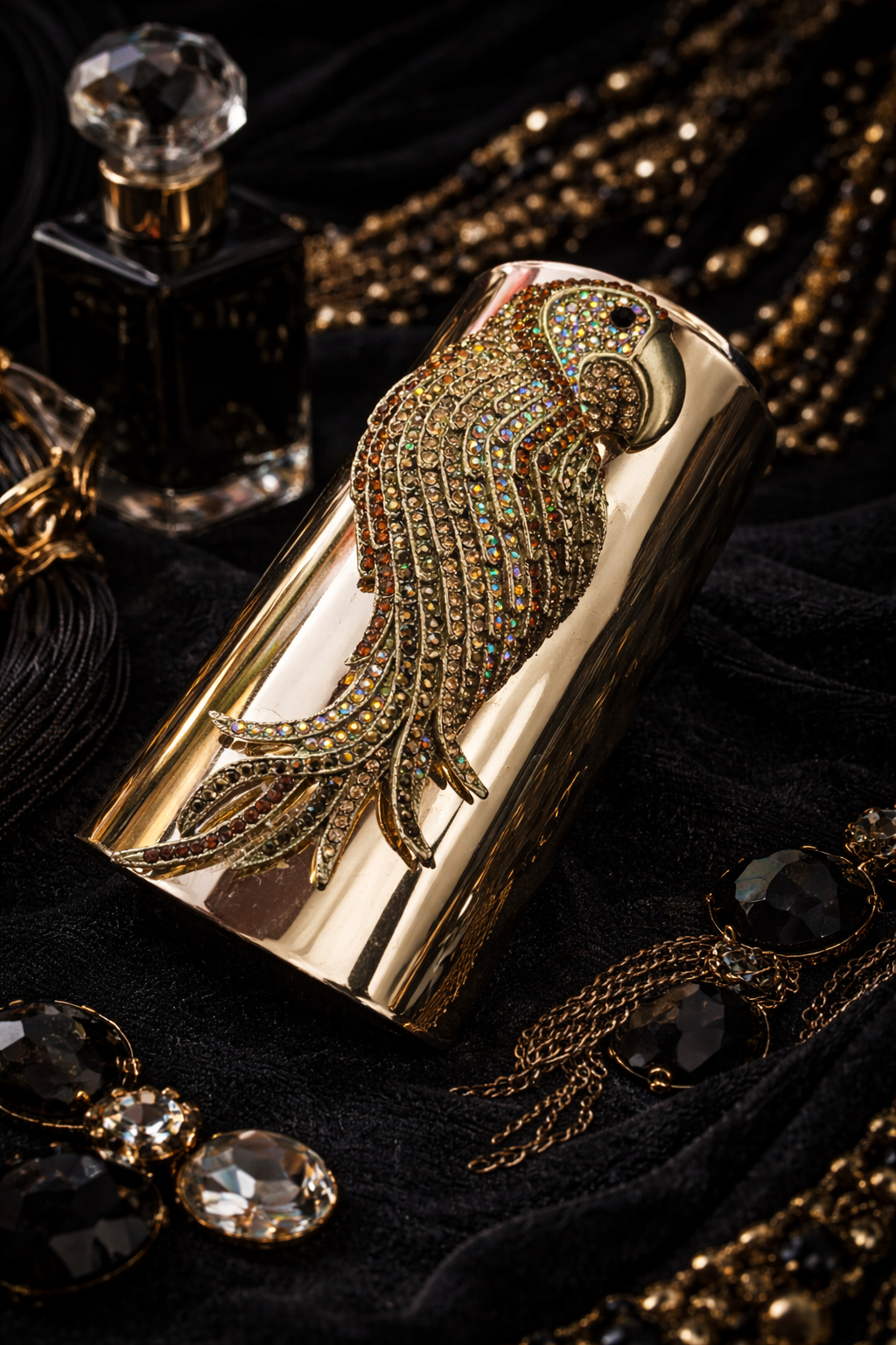 Shiny Gold Tone Wide Statement Cuff with Rhinestone Parrot