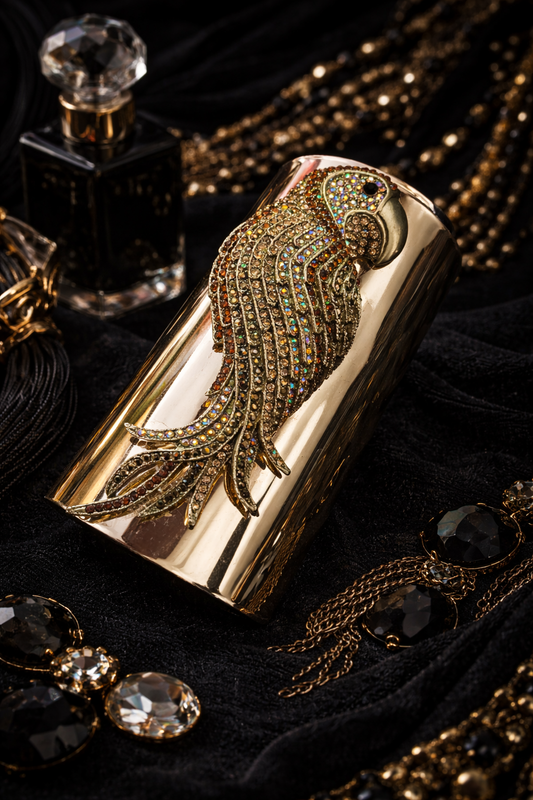 Shiny Gold Tone Wide Statement Cuff with Rhinestone Parrot