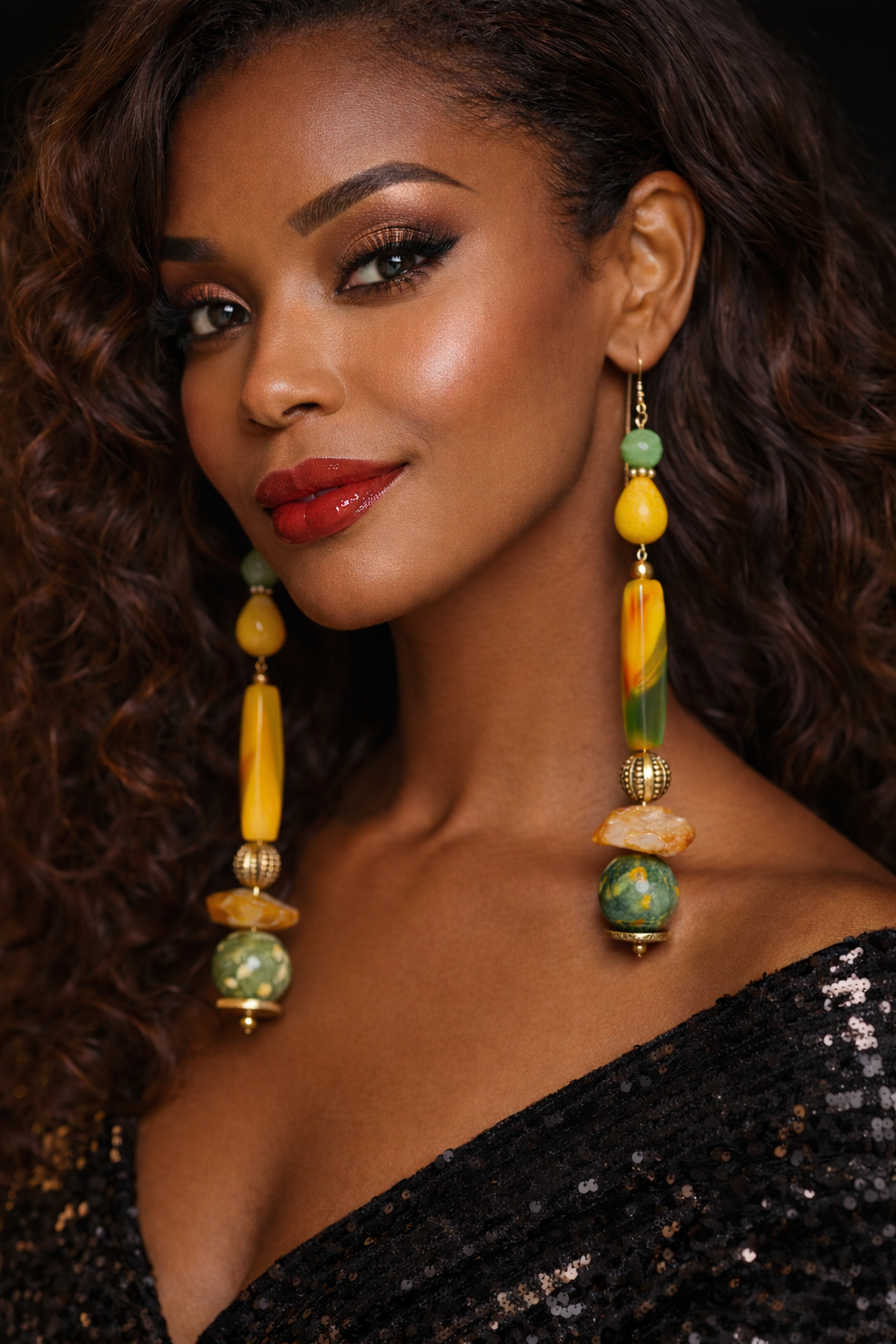 Green Yellow & Orange Gemstone Long Dangle Pierced Statement Earrings