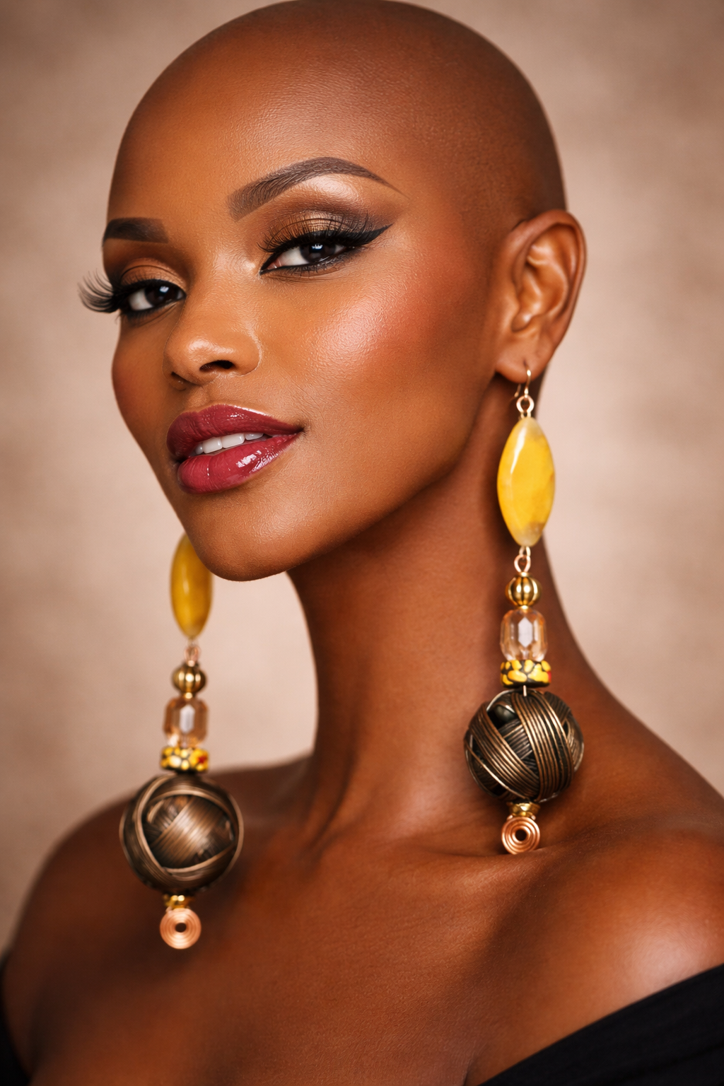 Big Copper Wire Ball & Crystal Drop Shoulder Dusters - Pierced Earrings