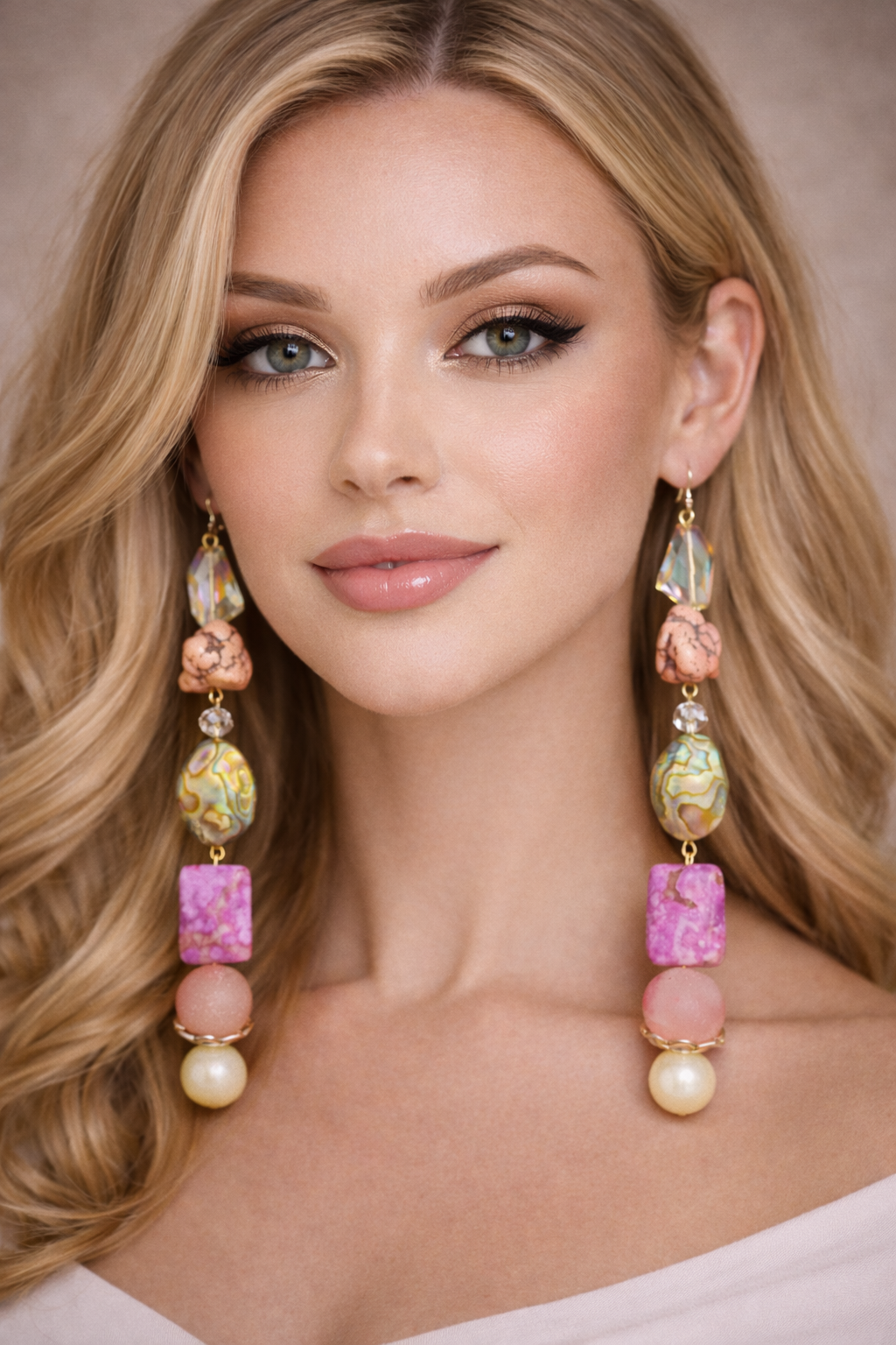 Pink Purple & Aurora Borealis Beaded Dangle Pierced Statement Earrings
