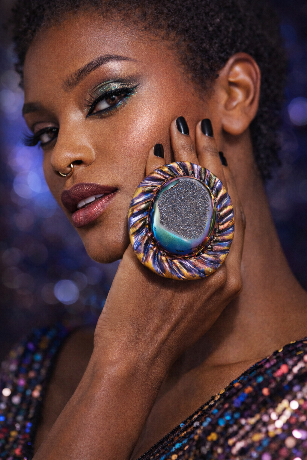 Titanium Rainbow Druzy Sculpted Oversized Hand Ring - Size 9