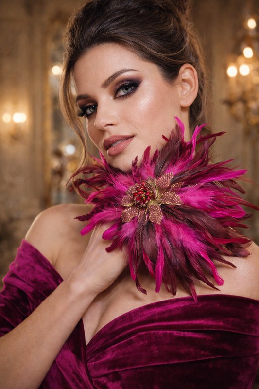 Rhinestone Orchid & Feather Adjustable Hand Ring, Fantasy Statement