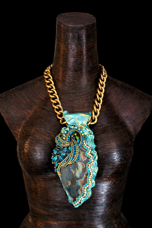 Sculpted Labradorite Pendant with Ornate Rhinestone Jewel - Bold Chain
