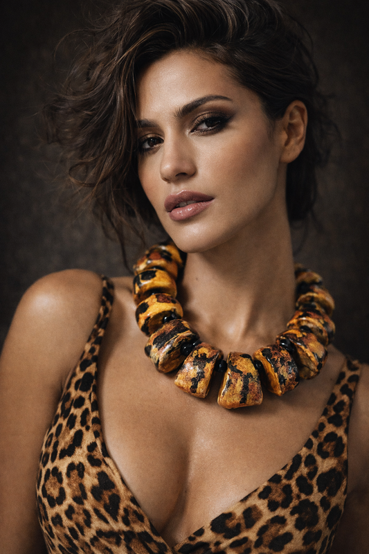 Animal Print Oversized Sculpted Beaded Statement Luxury Necklace