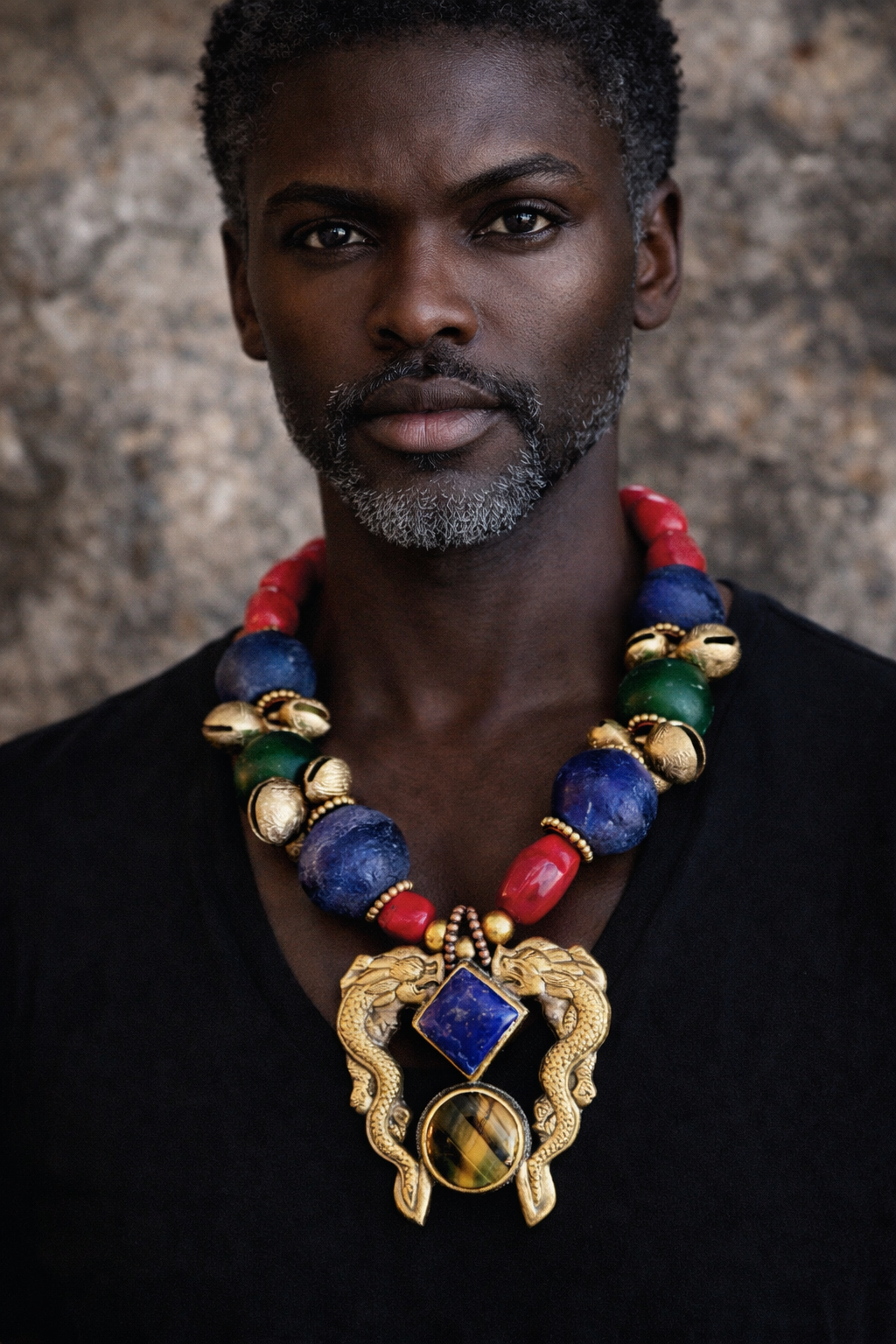 Luxury Tribal Beaded Statement Necklace - Double Dragon Brass Pendant