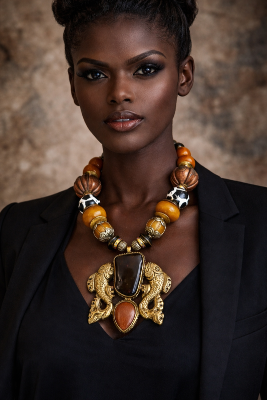 Double Fish Tibetan Repousse Tribal Gemstone Pendant & Beaded Choker