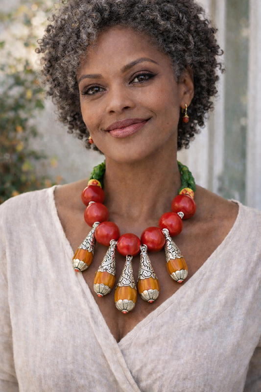 Red Orange Green Tribal Beaded Statement Necklace - Boho