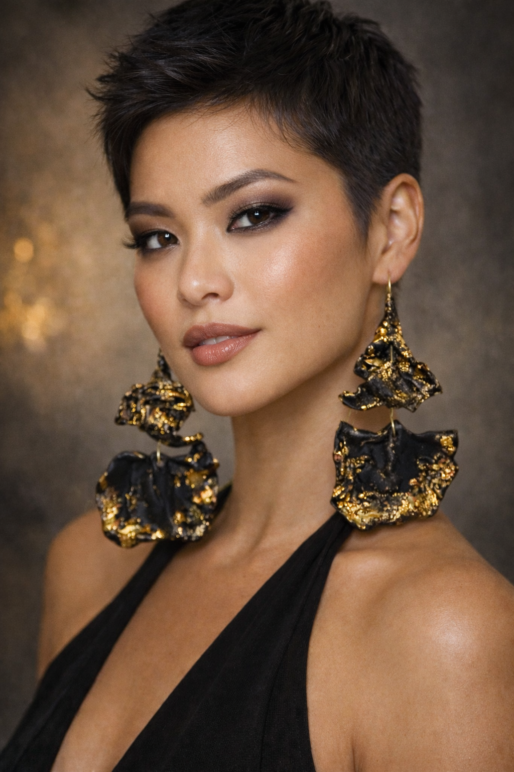 Dramatic Black Sculpted Pierced Earrings with Gold Leaf - OOAK Couture