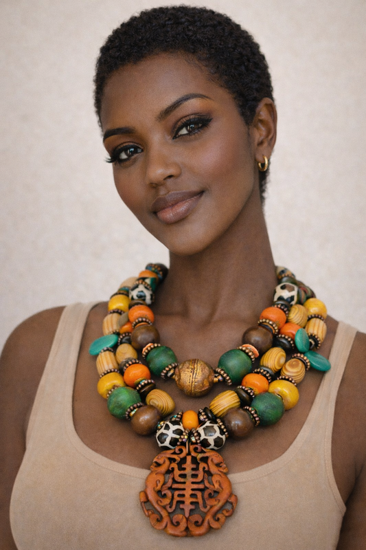 Bold Mixed Media Beaded Ethnic Statement  Necklace - African Asian