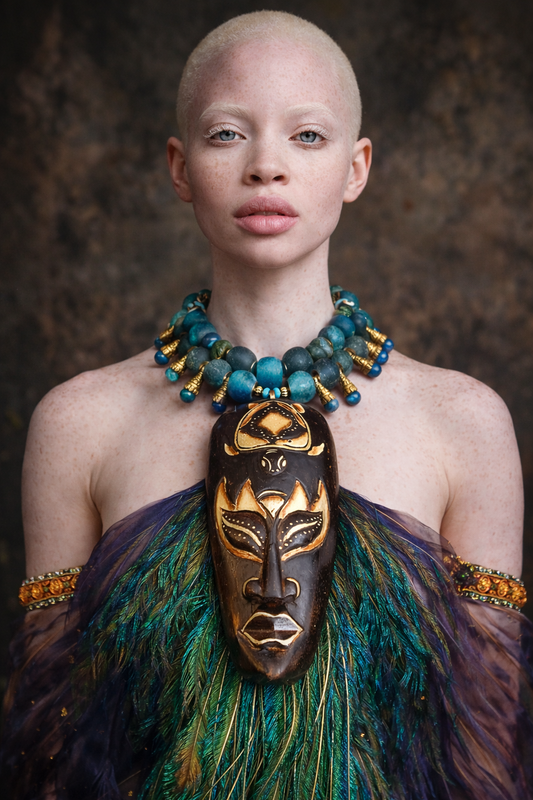 Indonesian Wood Mask Chest Piece With Peacock Feathers & Tribal Beads