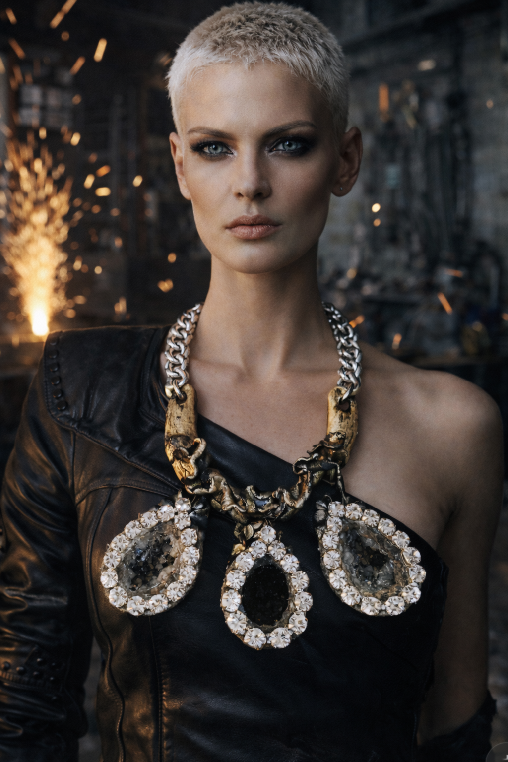 Sculpted Geode & Rhinestone Statement Chest Piece - Unisex Avant-Garde