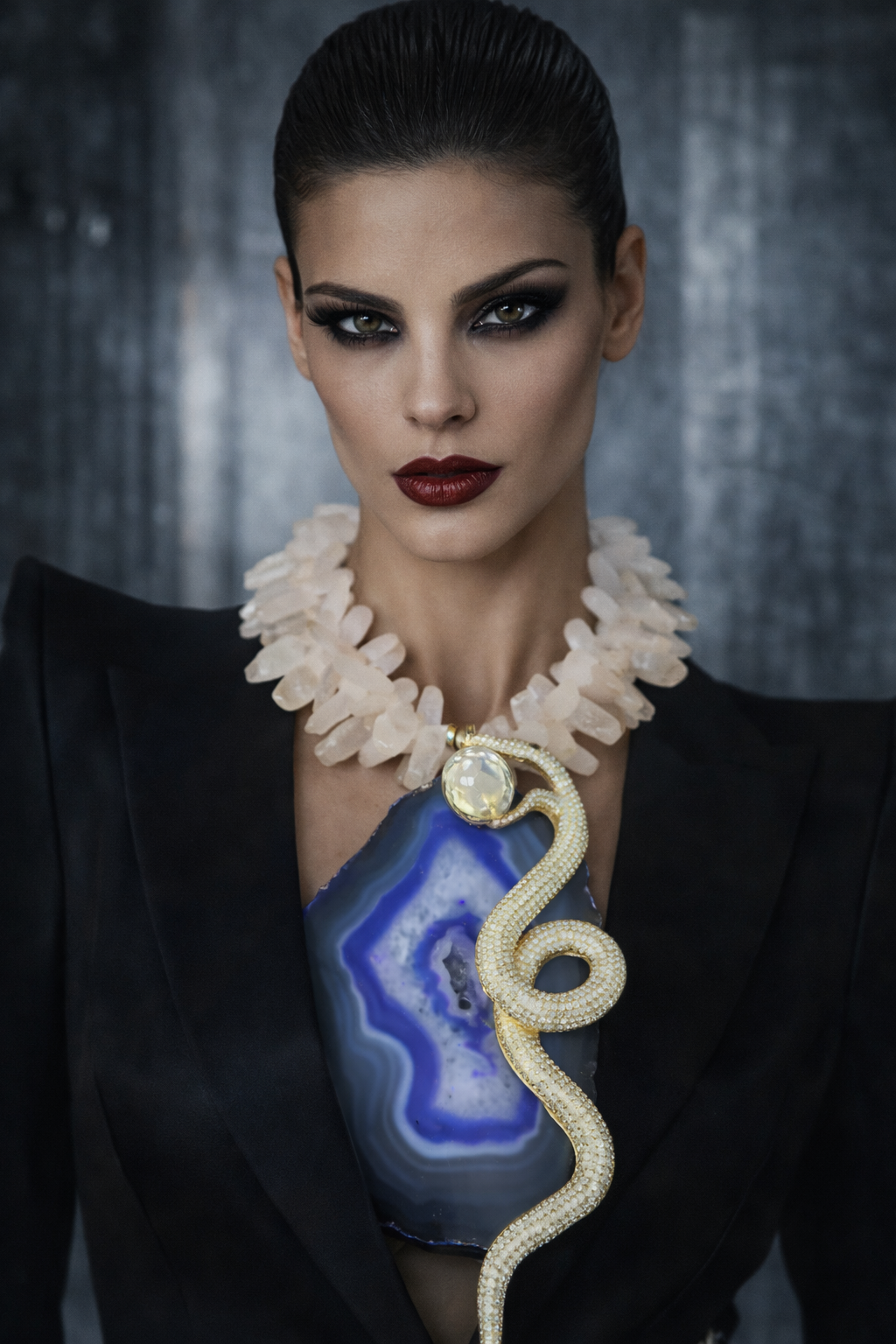 Purple Agate Snake Bling Statement Pendant - Frosted Quartz