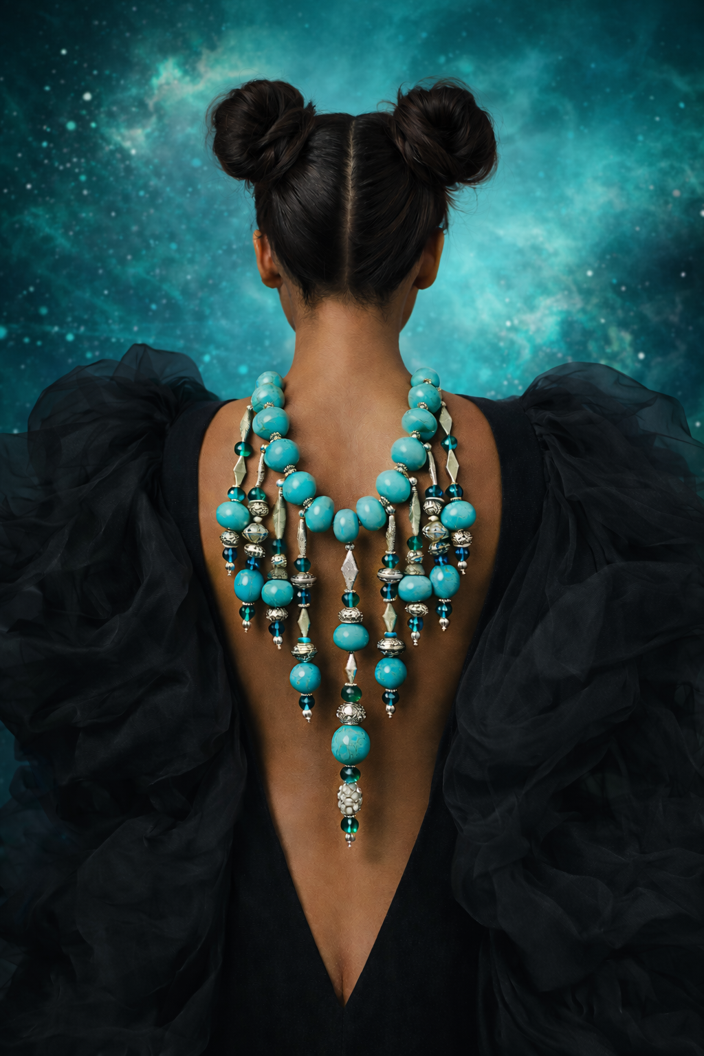 Blue Silver Beaded Waterfall Necklace - Boho Glamour