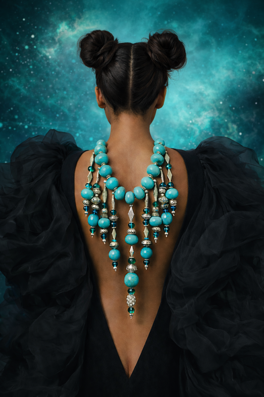 Blue Silver Beaded Waterfall Necklace - Boho Glamour