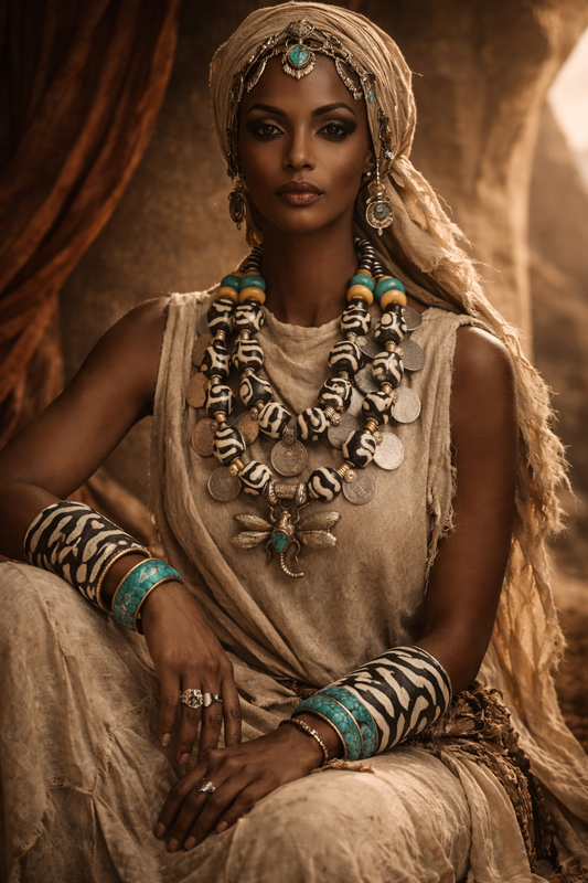 Exotic High-End Zebu Bone Tribal Statement Necklace With Kuchi Coins