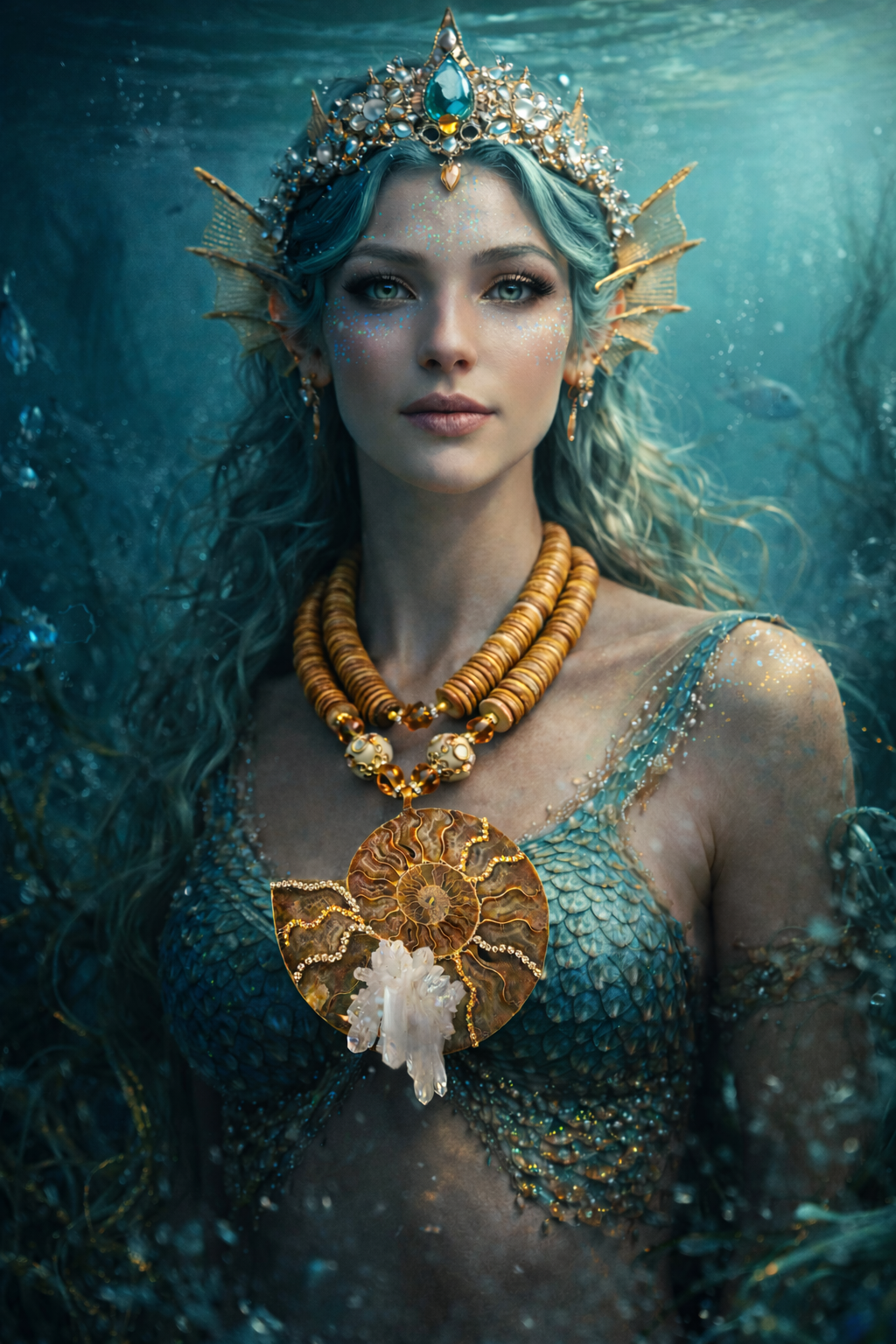 Ammonite & Quartz Crystal Pendant Necklace – Coconut Slice Necklace