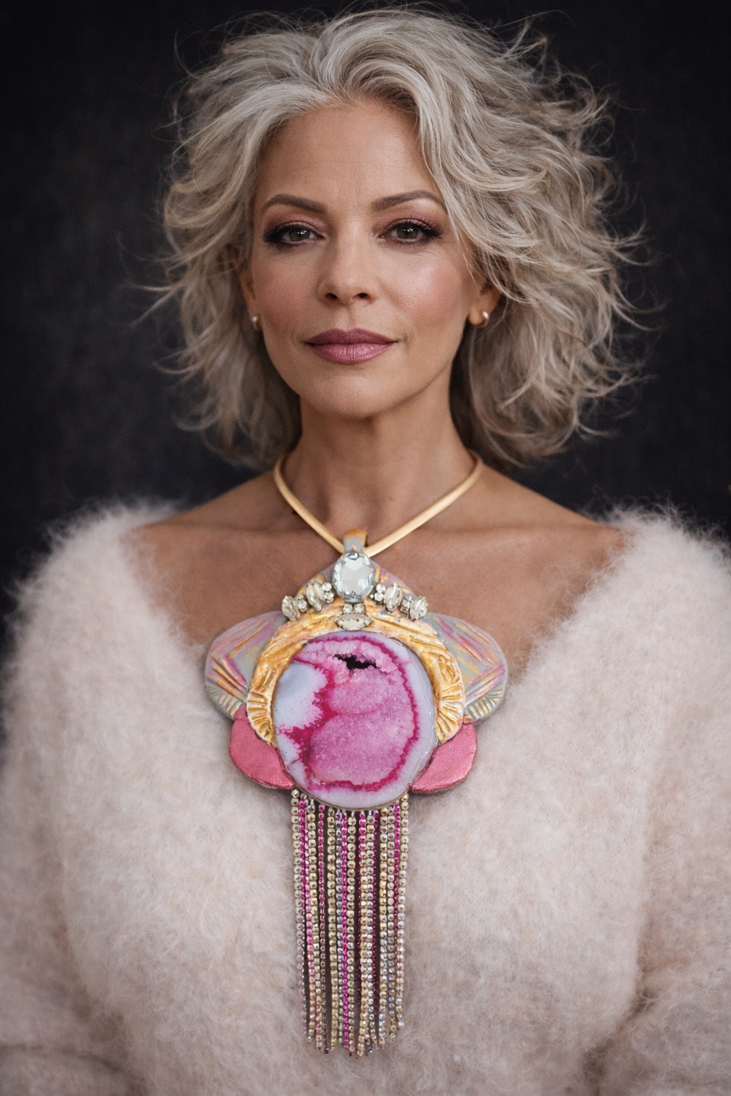 Pink Agate Art Deco Torc Pendant - Rhinestone Fringe