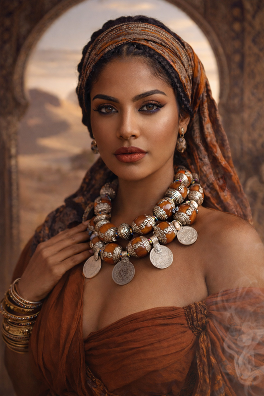 Capped Tibetan Resin Ornate Tribal Beaded Statement Necklace - Luxury