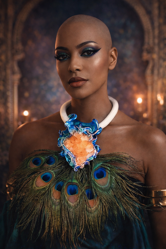 Dramatic Peacock Feather & Rough Citrine Chest Piece - Braided Rope