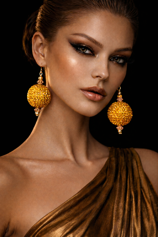 Copper Rhinestone Ball Pierced Earrings - Bling Bling Dangle Ear Candy