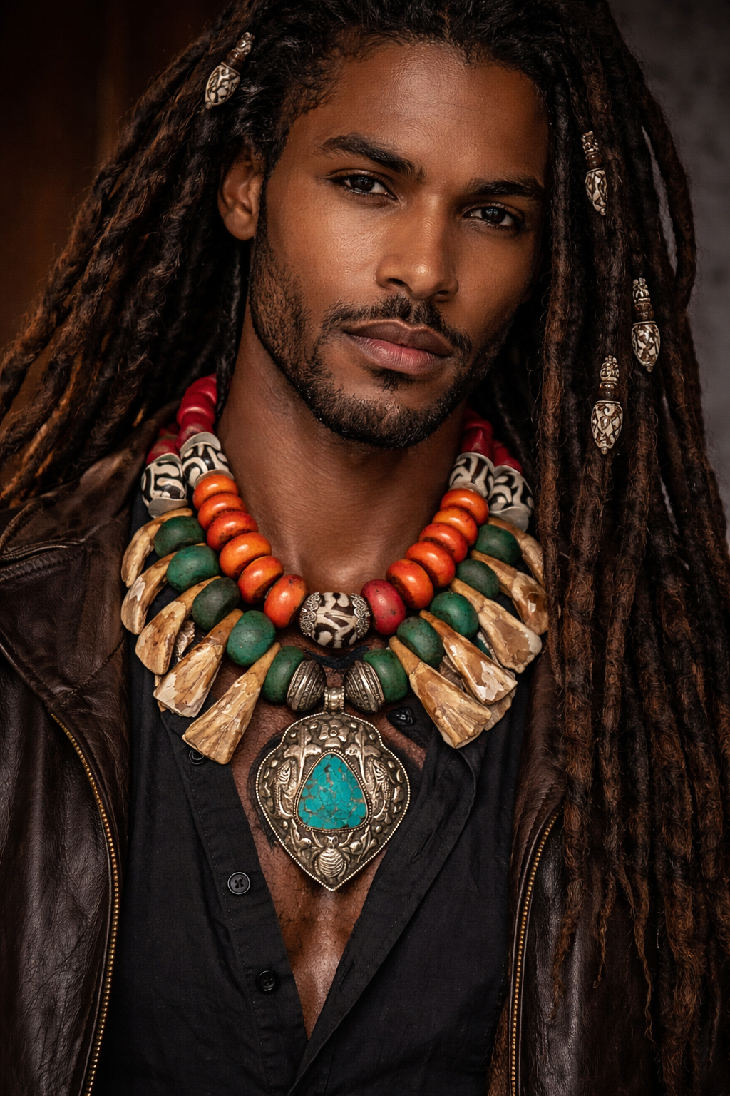 Exotic Tribal Luxe Necklace - Moroccan Resin, Zebu Bone & Bison Teeth