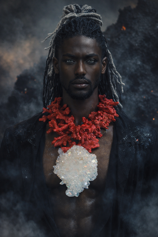 Rough Red Coral & Aura Quartz - Haute Couture Necklace