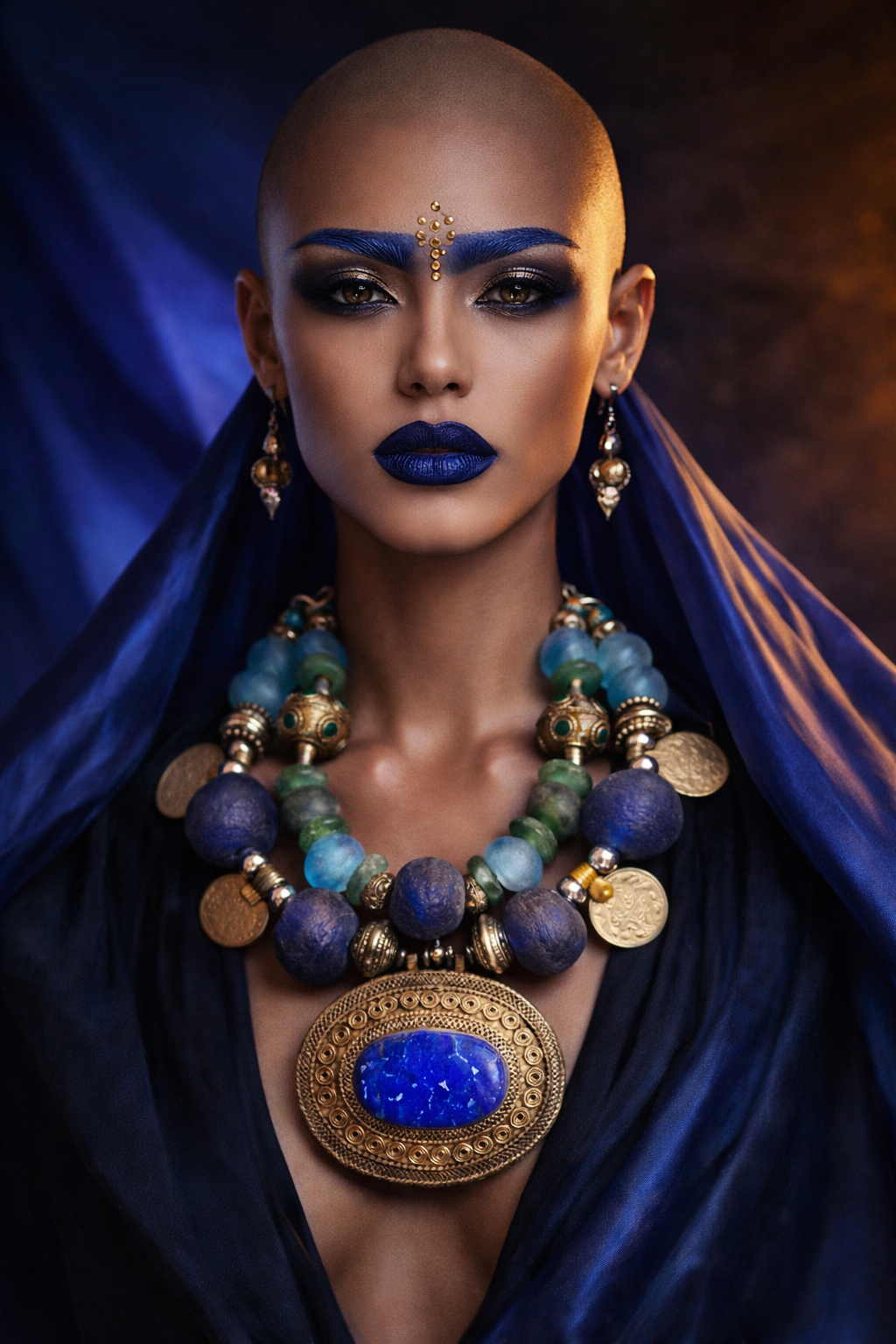 Turkmen Lapis Tribal Gemstone Pendant With African Glass & Kuchi Coin