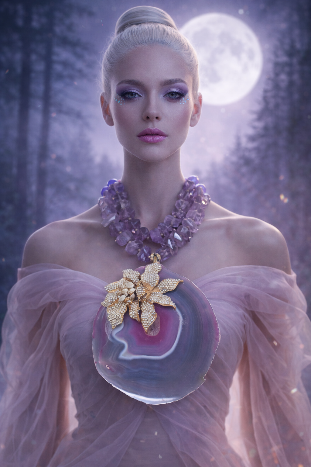 Huge Orchid Rhinestone Agate Pendant on a Faceted Amethyst Necklace