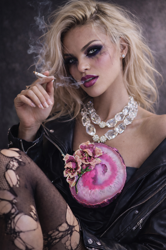 Pink Agate Rhinestone Rose Pendant - Chunky Faceted Glass